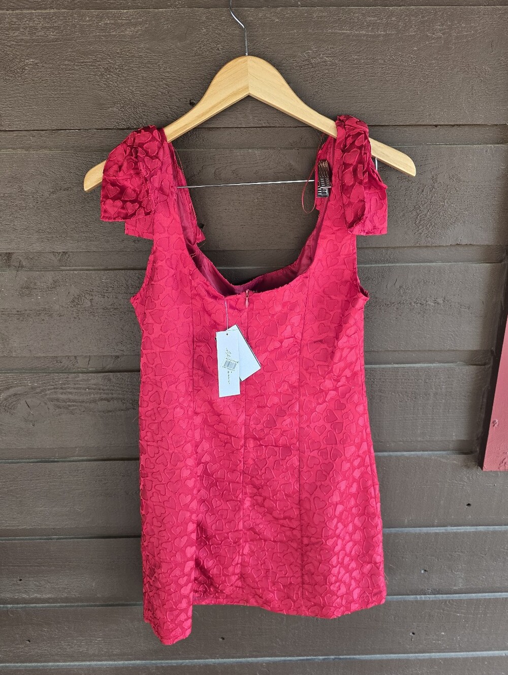 NWT All in Favor Nordstrom Red Heart Bow Strap Jacquard Mini Dress L